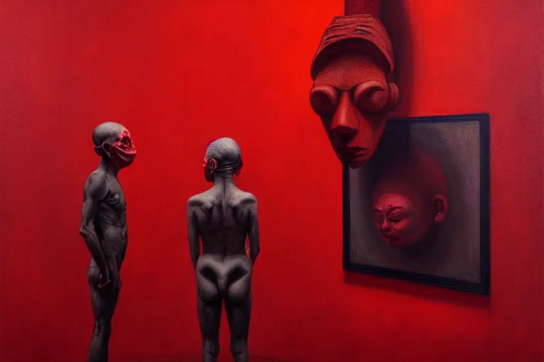 Image similar to only with red, red art thieves with disney masks, in a museum with contemporary art paintings, in the style of beksinski, parts by edward hopper, parts by rodcenko, parts by yue minjun, intricate and epic composition, red by caravaggio, insanely quality, highly detailed, masterpiece, red light, artstation, 4 k