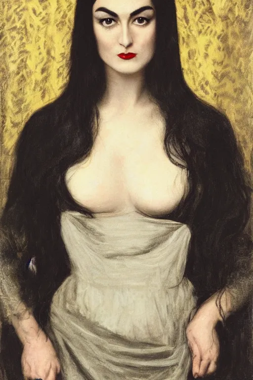 Image similar to upper body portrait sasha grey as morticia addams by alfred stevens