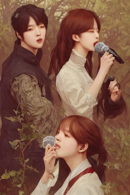 Image similar to beautiful cottagecore bts k-pop band holding a microphone. intricate, elegant. highly detailed, digital painting, artstation, concept art, smooth, sharp, focus, illustration. . art by artgerm and greg rutkowski and alphonse mucha