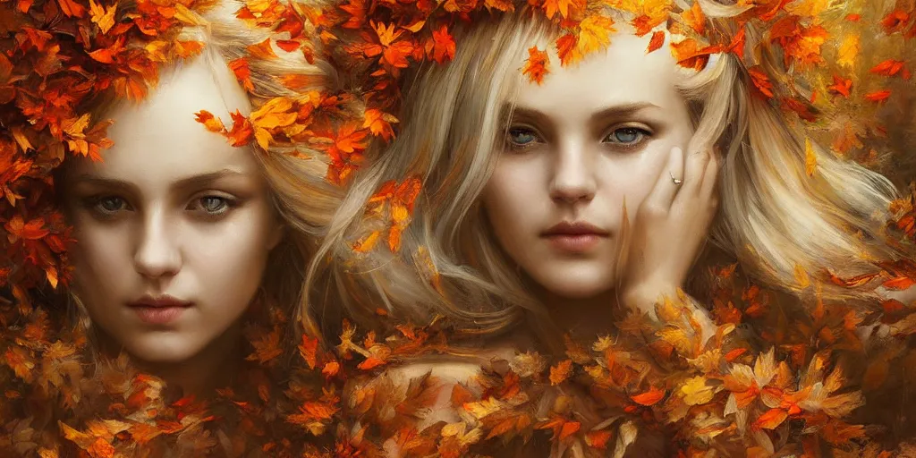 Image similar to breathtaking detailed concept art painting pattern of blonde goddesses faces blend of autumn leaves, by volegov, bizarre compositions, exquisite detail, extremely moody lighting, 8 k