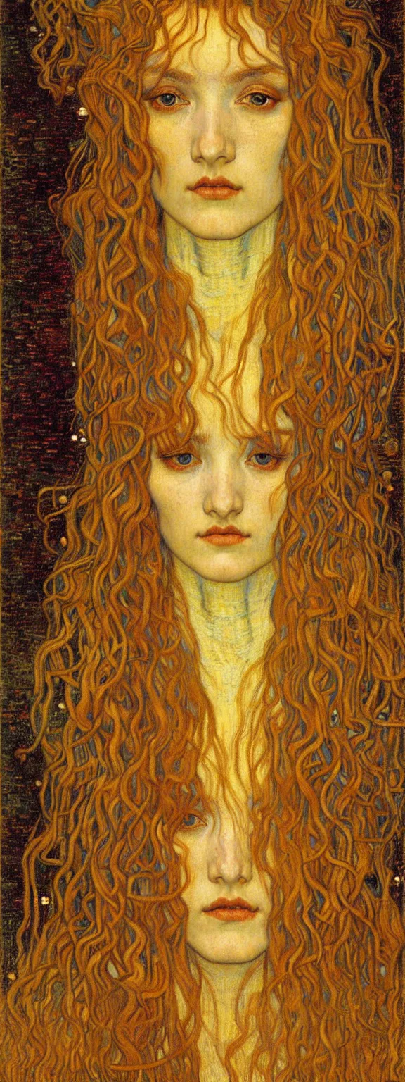 Image similar to detailed realistic beautiful young medieval queen face portrait by jean delville, gustav klimt and vincent van gogh, art nouveau, symbolist, visionary, gothic, pre - raphaelite, muted earthy colors, desaturated