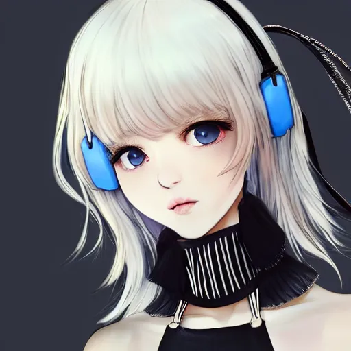 Image similar to realistic detailed semirealism beautiful gorgeous buxom hot girl natural cute excited happy realistic Blackpink Lalisa Manoban white hair white cat ears blue eyes, wearing apron, headphones, black leather choker realistic artwork drawn full HD 4K high resolution quality artstyle professional artists WLOP, Aztodio, Taejune Kim, Guweiz, Pixiv, Instagram, Artstation