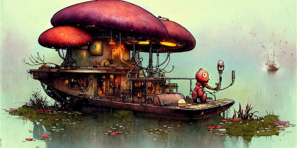Image similar to adventurer ( ( ( ( ( 1 9 5 0 s retro future robot mouse house boat home. muted colors. swamp mushrooms. water lilies ) ) ) ) ) by jean baptiste monge!!!!!!!!!!!!!!!!!!!!!!!!! chrome red