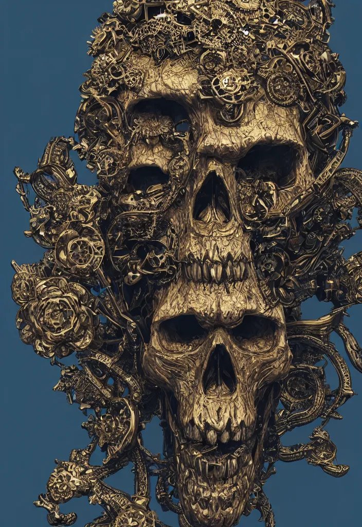 Prompt: portrait of a 3d render ultra detailed skull, one skull centered, art deco, intricate gears details, hyperrealistic, ultra detailed, elegant, octane render, blue and gold, 8k, trending on Artstation, unreal engine