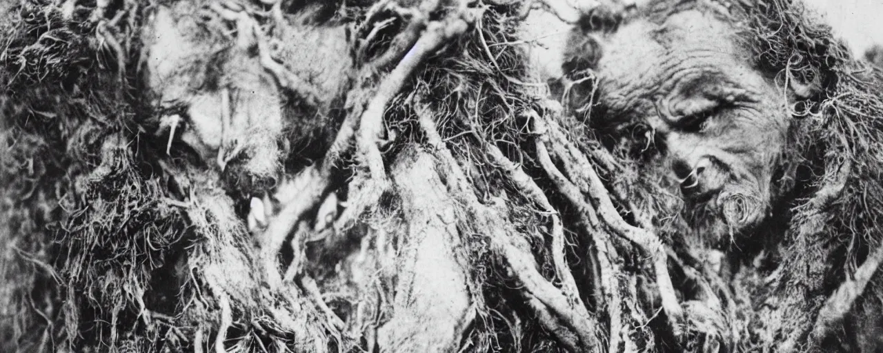 Image similar to 1920s portrait photography of alpine old farmer transforming into a monster, roots growing out of his face
