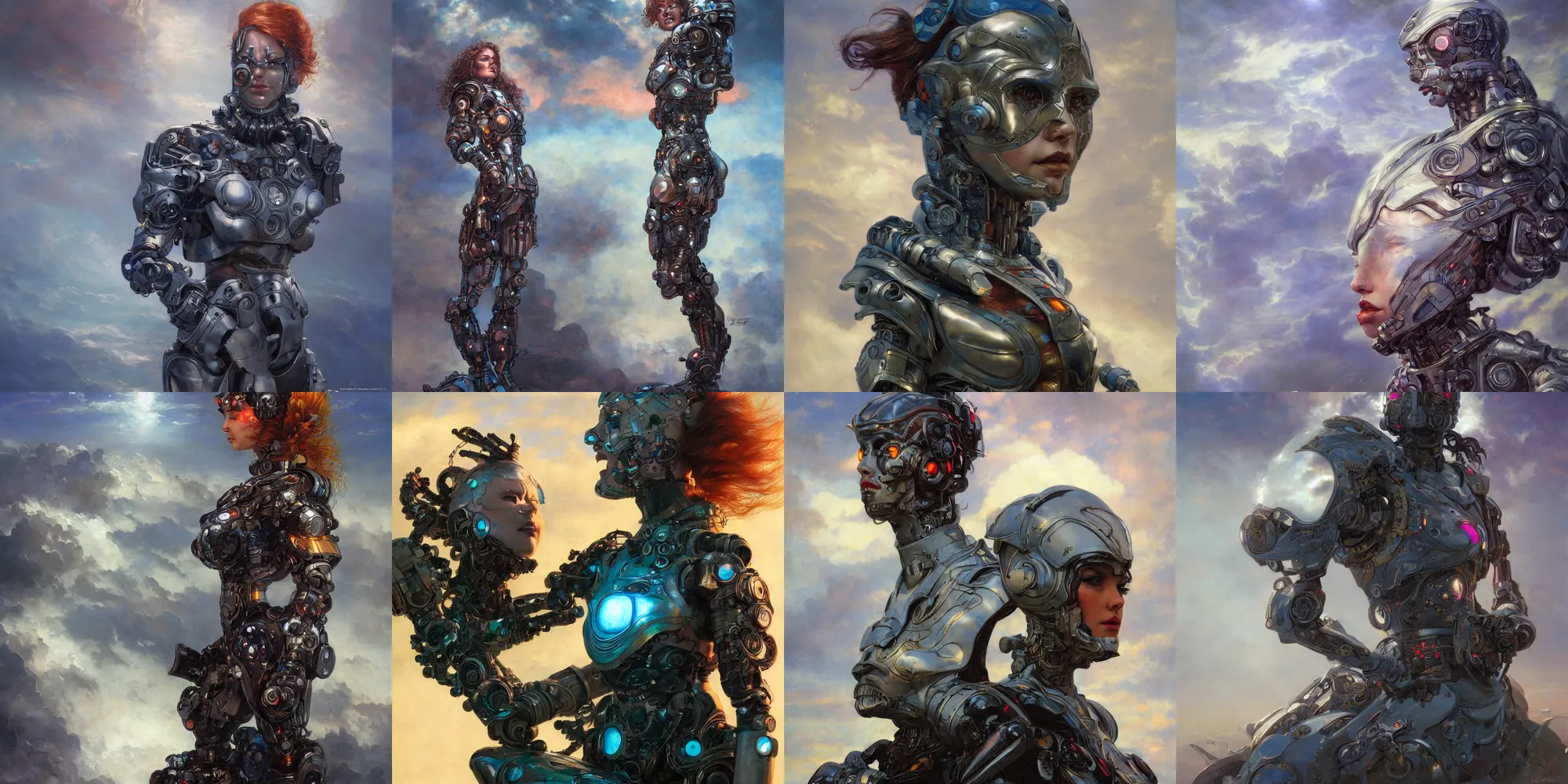 Prompt: portrait of epic girl cyborg neon armor, in clouds, cinematic studio light, windy, sunrise, wlop, by gerald brom, by mikhail vrubel, by peter elson, muted colors, extreme detail, trending on artstation