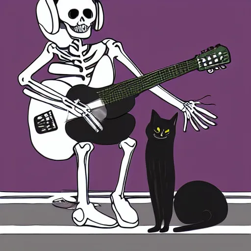 Image similar to skeleton wearing headphones watching girl playing guitar with her black cat standing next to her, digital art