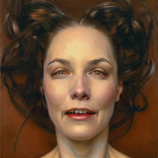 Image similar to frontal portrait of a woman so happy, her face hurts, by donato giancola.