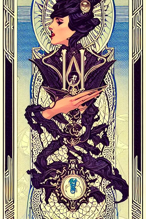 Image similar to concept art design illustration, vertical symmetric tarot card intricate filigree borders!!, 1 6 colors, logo, ink drawing, art by jc leyendecker and sachin teng