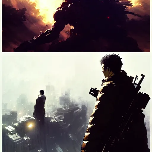 Image similar to man in heaven, afterlife looking for wifi by Akihito Yoshitomi AND Yoji Shinkawa AND Greg Rutkowski, Mark Arian trending on artstation