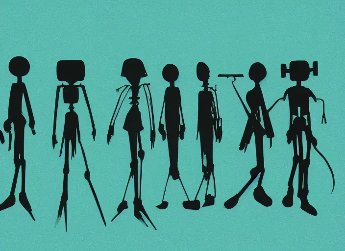 Image similar to silhouettes of grim reaper robots by masaaki yuasa, mixed media shape design