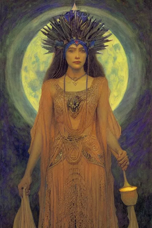 Prompt: queen of the moonlit dead with her lantern and regalia, by Annie Swynnerton and Nicholas Roerich and jean delville, dramatic cinematic lighting , ornate headdress , flowing robes, lost civilizations, extremely detailed