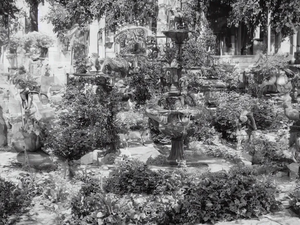 Prompt: Incredible ornate rich beefy gravy fountain in the gardens of the fried chicken mansion. Photograph from Booneville, Louisiana (1971)