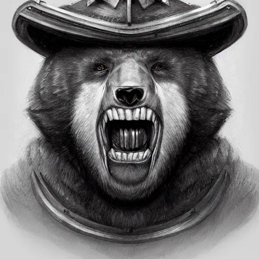 Image similar to dashing charming grinning charismatic bear beast-man rogue, wearing captain's tricorne hat, naval background, amazing, lifelike award winning pencil illustration trending on art station artgerm Greg rutkowski cinematic