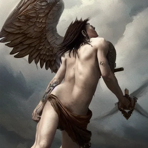 Image similar to very attractive androgynous fallen angel with shaved head on one side and with tattoos on his body falling through the sky battling superior angels, beautiful, hd, high detailed, 4 k, art by da vinci, art by greg rutkowski