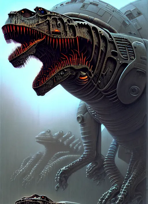 Image similar to trex in a mech suit, by roberto aizenberg, zdzisław beksinski, brian despain, peter gric, boris artzybasheff and hr giger, hyper detailed, screen print, character concept art, hyperrealism, coherent, cgsociety, zbrush central, behance hd, hypermaximalist