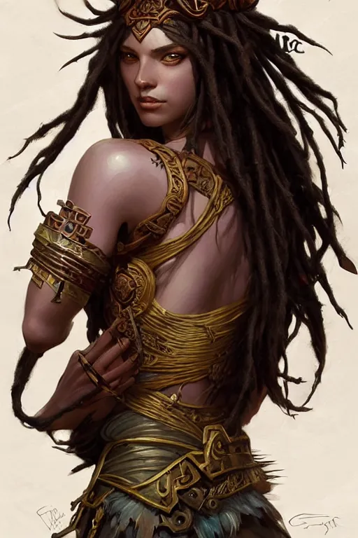Image similar to dreadlock warrior princess, deep focus, d & d, fantasy, intricate, elegant, highly detailed, digital painting, artstation, concept art, matte, sharp focus, illustration, dark fantasy style art, hearthstone, art by artgerm and greg rutkowski and alphonse mucha