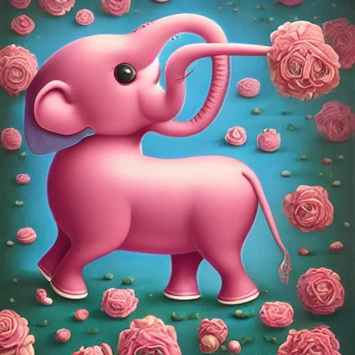 Image similar to a surreal picture of a pink elephant pastel colors by mark ryden insanely quality, elegant, highly detailed, digital painting, artstation, concept art, pop, smooth, sharp focus, illustration, art by mark ryden and lisa frank and dali 3 d 8 k ultra detailed