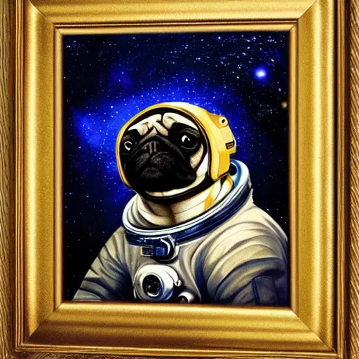 Prompt: golden - ratio, spirals, highly detailed, astronaut pug in outer space painted by davinci.