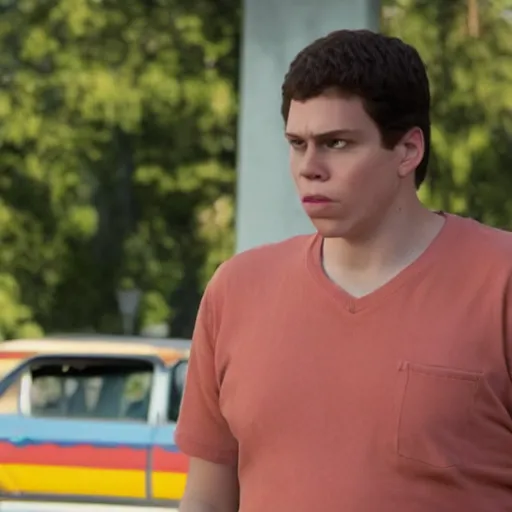 Image similar to Live Action Still of Jerma in Superbad, real life, hyperrealistic, ultra realistic, realistic, highly detailed, epic, HD quality, 8k resolution, body and headshot, film still