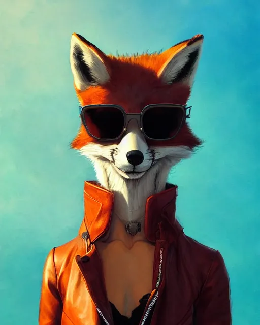 Prompt: anthropomorphic badass fox wearing a leather jacket and sunglasses. Vivid colors, soft lighting, atmospheric, cinematic, moody, in the style of Ilya Kuvshinov and Range Murata, Krenz Cushart, rule of thirds, oil on canvas, 8k.