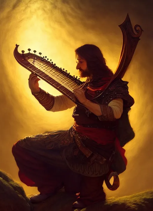 Image similar to male bard playing lute, full body, hyper realistic, extremely detailed, dnd character art portrait, dark fantasy art, intricate fantasy painting, dramatic lighting, vivid colors, deviantart, artstation, by clyde caldwell and krenz cushart and artem demura and john williams waterhouse