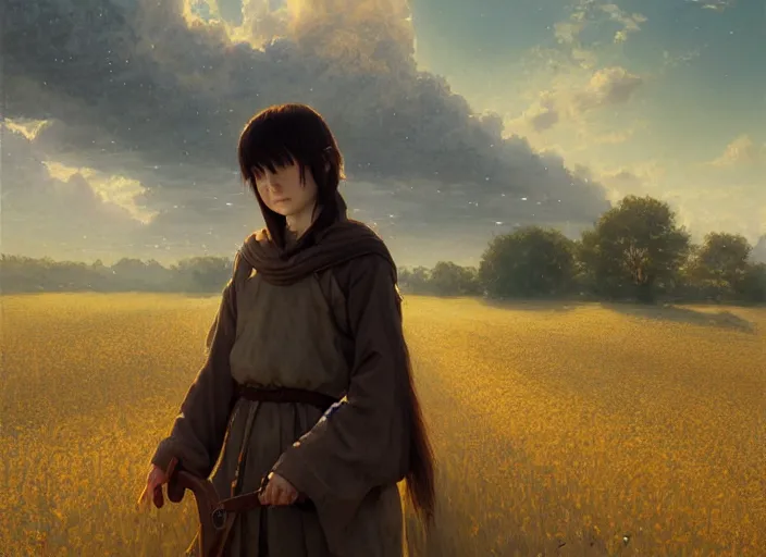 Prompt: lain iwakura lain as medieval peasant working in the field in spring sparkling amber cute eyes wonderful masterpiece highly detailed scifi, beautiful cinematic light deep focus, elegant, digital painting, smooth, sharp focus, golden ratio, dramatic illumination, ultra realistic, 4 k, art by greg rutkowski wlop rossdraws