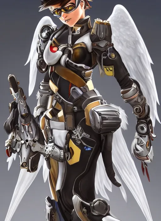 Image similar to full body artwork of tracer overwatch, wearing white steel armor outfit, in style of mark arian, angel wings, dramatic painting, wearing detailed leather collar, ornate highly detailed white shiny armor, chains, black harness, detailed face and eyes,