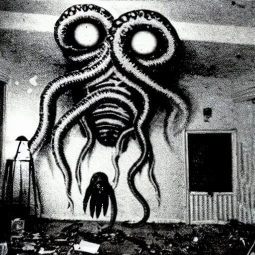 Prompt: 1 9 8 3, found footage, flash, old abandoned house, creepy mutant flesh creature, tentacles, glowing eyes, flesh blob