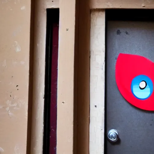 Prompt: A door inside a french college building with a sticker on it of the Red Bird Studios logo, the door is slightly opened with a pair of eyes peeking through the gap