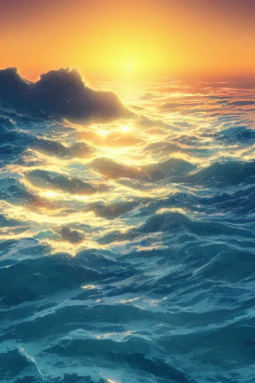 Image similar to a beautiful illustration of the ocean at sunrise by Makoto Shinkai