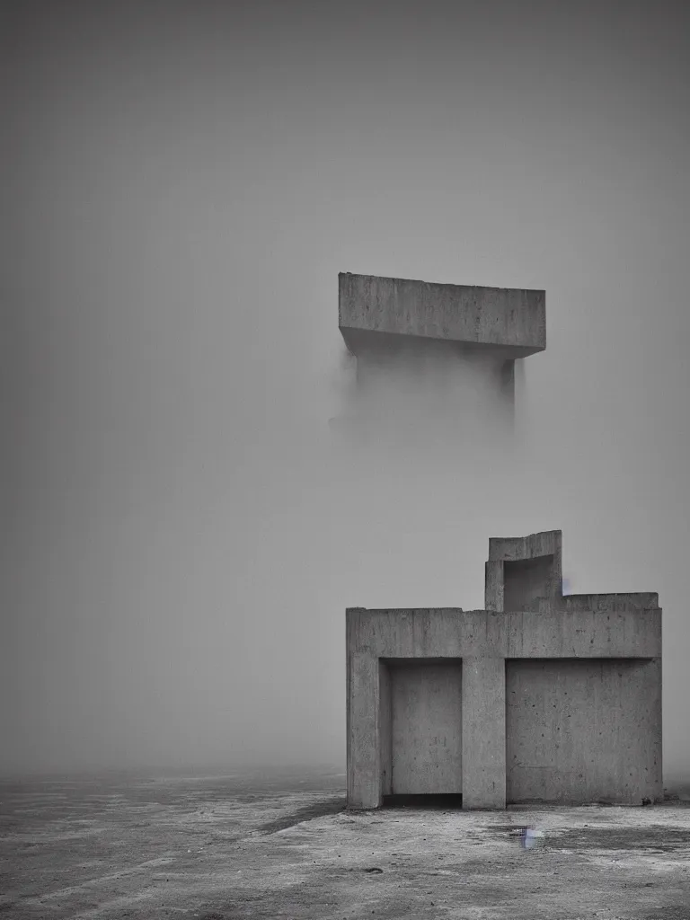 Image similar to High resolution black and white photograph with a 22mm F/12.0 lens of a Brutalist architectural building in Albania in the 1970s in the middle of a deserted nowhere while foggy and cloudy.