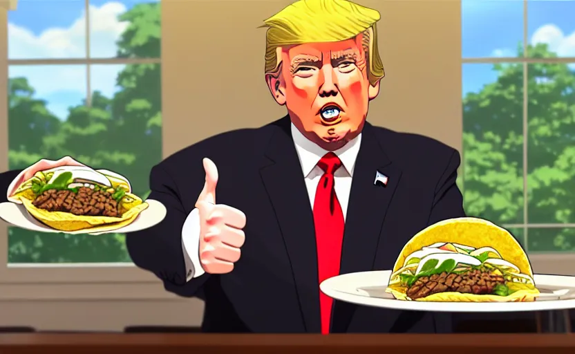 Prompt: beautiful makoto shinkai style digital film still portrait of donald trump giving a thumbs up behind a taco bowl, 4 k, 8 k, hd, high resolution, highly detailed, intricate detail, ultra realistic faces, digital art, trending on artstation, your name, weathering with you