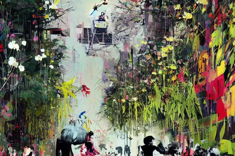 Prompt: Springtime, walls by john berkey, covered in graphitti of a spring bloom goddess by banksy, basquiat, cleon peterson, dramatic cinematic lighting, manicured solarpunk greenery, high fashion futuristic people walk past