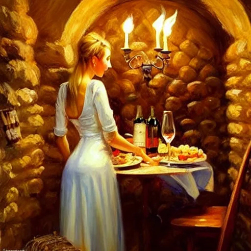 Image similar to wine cellar full of food, torches on the wall, schnapps, romantic, inviting, cozy, blonde woman, painting Vladimir Volegov