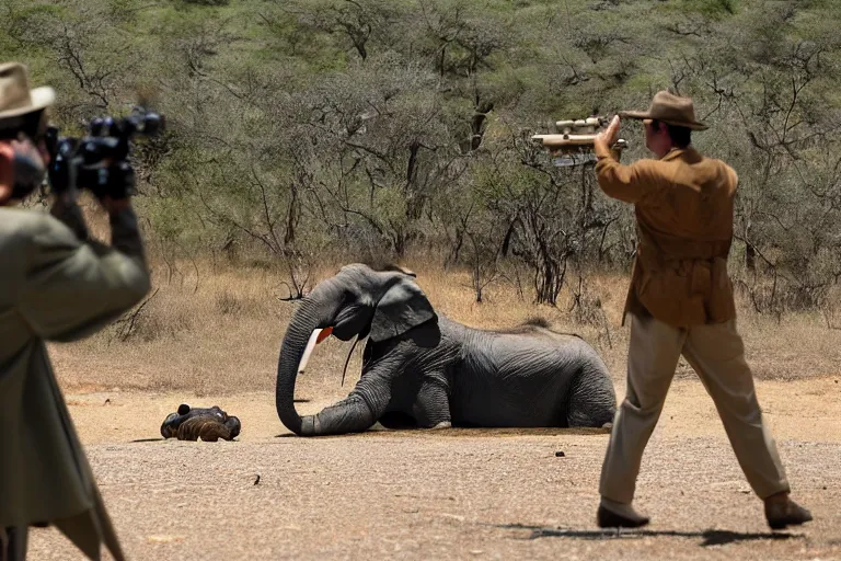 Prompt: Cinematography the king Juan Carlos I of Spain shooting an elephant with a rifle in an african safari by Emmanuek Lubensky