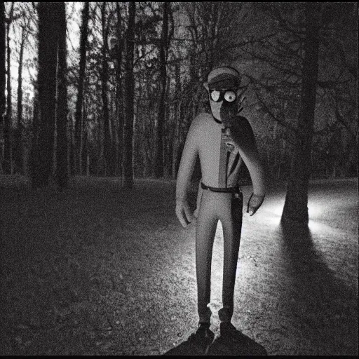 Prompt: photo of Waluigi at night, trail camera night vision