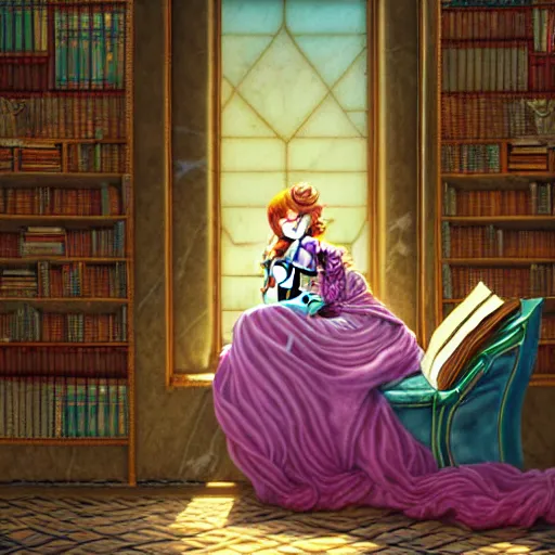 Image similar to a detailed fantasy pastel portrait of a woman wizard in ornate clothing lounging on a purpur pillow on the marble floor in front of her bookcase in a room, reading an ancient tome. to the side is a potted plant, moody light. ancient retrofuturistic setting. 4 k key art. raytracing, perspective, by chie yoshii and yoshitaka amano.