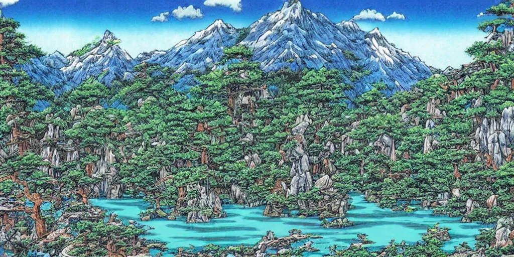 Image similar to art by akira toriyama of the cinematic view of the jiuzhaigou valley forest