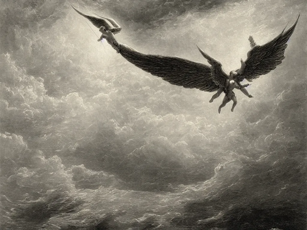 Image similar to seraphim angel in the sky flying on the sea painted by gustave dore