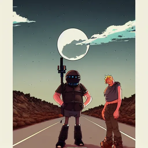 Image similar to a study of cell shaded cartoon giant gods on a desert road, in front of a big moon, full body, wide shot, very muted colors, post grunge, studio ghibli, laurie greasley, highly detailed, deviantart, art by artgem