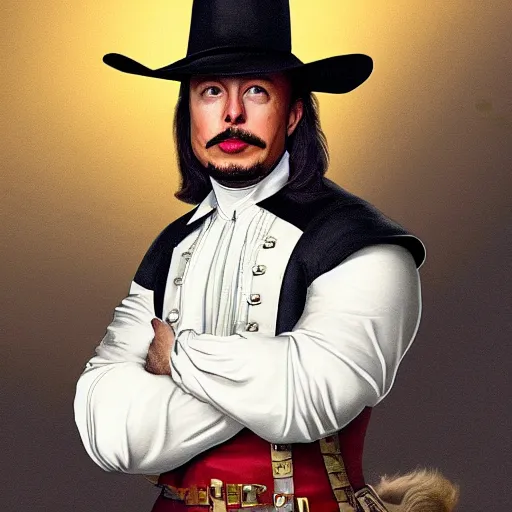 Image similar to elon musk as a musketeer, he has a big black hat and holds a shiny sword