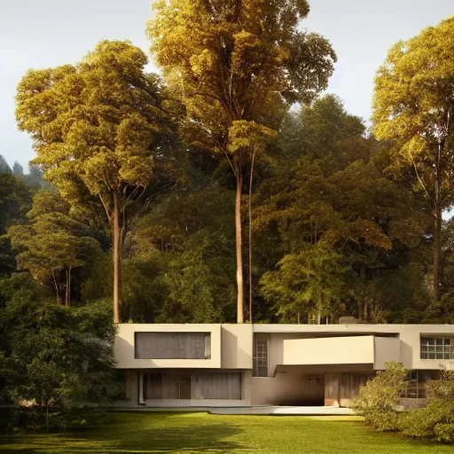 Image similar to beige rectangular house with big central garden, on a hill surrounded by big trees, dramatic lighting, artstation, matte painting, raphael lacoste, simon stalenhag, frank lloyd wright, zaha hadid, drone view