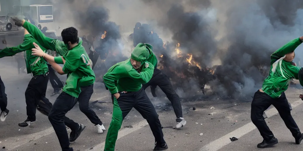 Image similar to photo of young men wearing green tracksuits fighting cops in a riot with burning cars, mid shot, editorial photography