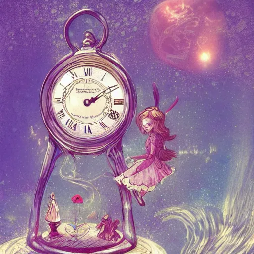 Prompt: Alice in Wonderland,Clock,Rose twining,out of time and space,dreamy, eternity, romantic, epic, artstation, highly detailed, in the style of Monet