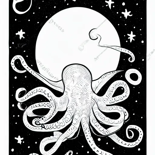 Prompt: relaxed octopus on moon, black and white illustration, stars
