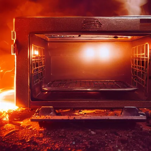 Image similar to toaster oven mecha head, dark messy smoke - filled cluttered workshop, dark, dramatic lighting, orange tint, sparks, cinematic, highly detailed, sci - fi, futuristic, movie still