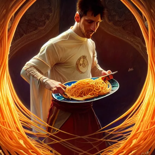 Image similar to Messi eating spaghetti, D&D, fantasy, intricate, elegant, highly detailed, digital painting, artstation, concept art, matte, sharp focus, illustration, art by Artgerm and Greg Rutkowski and Alphonse Mucha