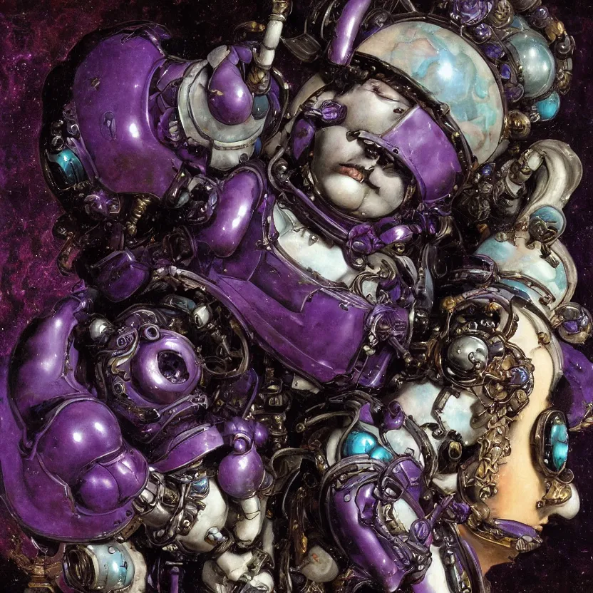 Prompt: a baroque neoclassicist renaissance close - up portrait of a minimalist purple and turquoise iridescent whimsical 1 8 0 0 s japanese mecha gundam marble sculpture, big glowing eyes. reflective detailed textures. gloomy dark black background. highly detailed fantasy science fiction painting by moebius, norman rockwell, frank frazetta, and syd mead. rich colors, high contrast. artstation