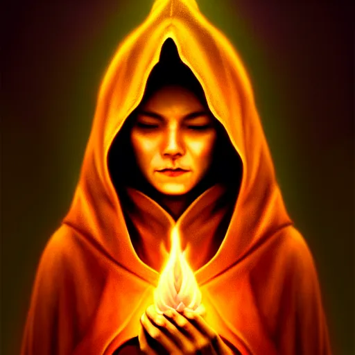 Image similar to ( a priestess with a hood that covers half her face carries an incense burner that emits a pleasantly colored flame. ) by anato finnstark, photorealistic, fullbody portrait, dynamic lighting, beautiful, trending on artstation, wallpaper, 4 k, award winning, digital art, golden hues